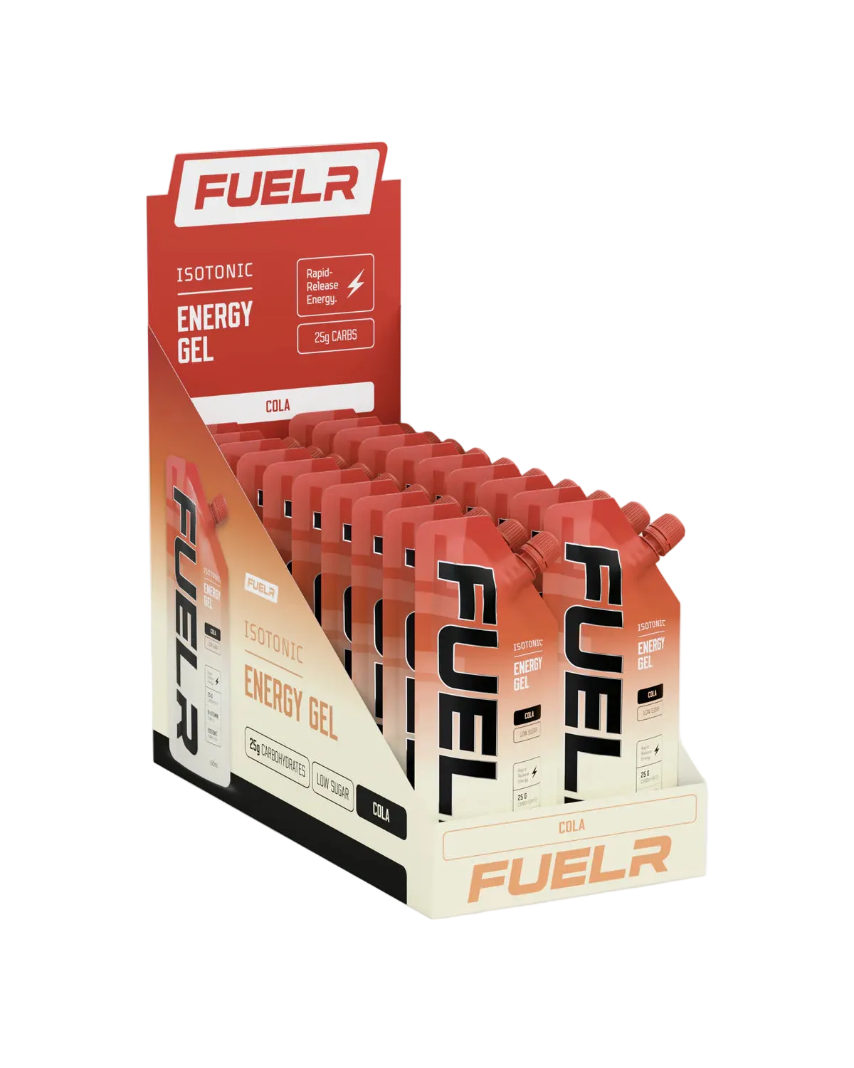 Display of FUELr isotonic energy gel boxes on a white background